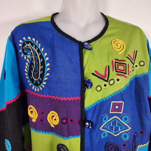 Vintage 90s Allure Womens Jacket Blazer Patchwork Hippie Artsy Embroidered Small - Picture 3 of 12